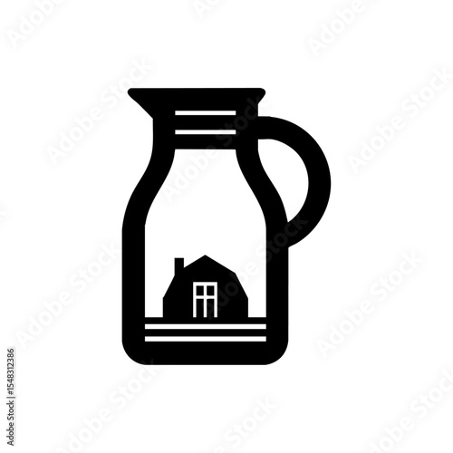 Minimalist vector logo of a dairy milk jug featuring a small farmhouse.

