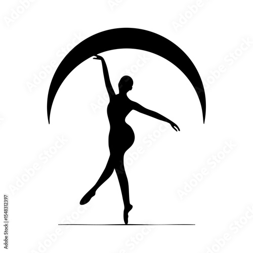 Vector silhouette of a dancer under a stylized arch-shaped crescent moon.

