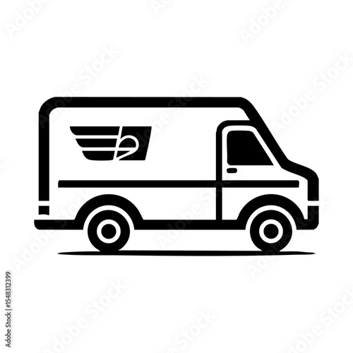 Black vector logo of a delivery van featuring a winged postal emblem.

