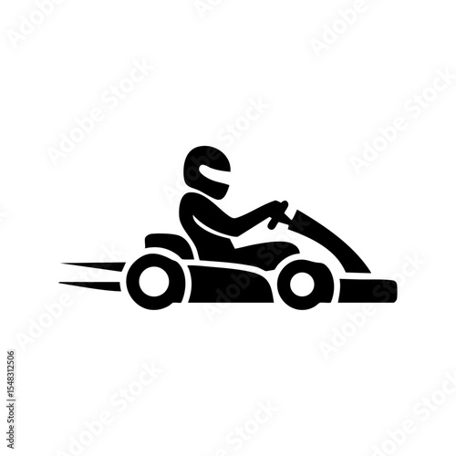 Minimalist vector logo of a go-kart racer in motion, black silhouette style.

