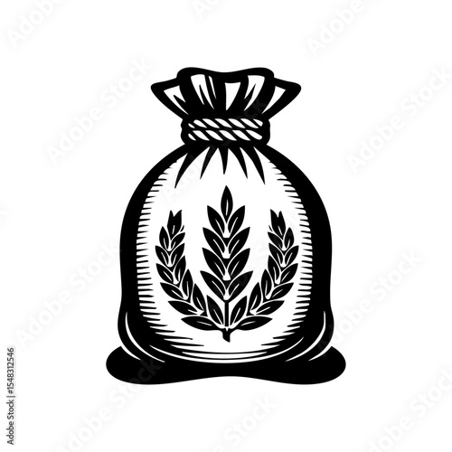 Retro-style vector of a grain sack with a detailed wheat badge, ideal for farm branding.

