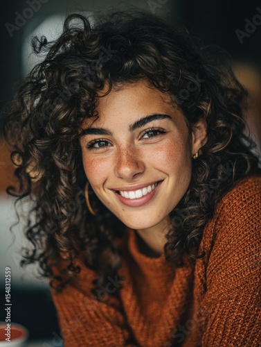 A young woman with curly hair smiling confidently at the camera in a brightly lit indoor setting, exuding positivity and natural beauty