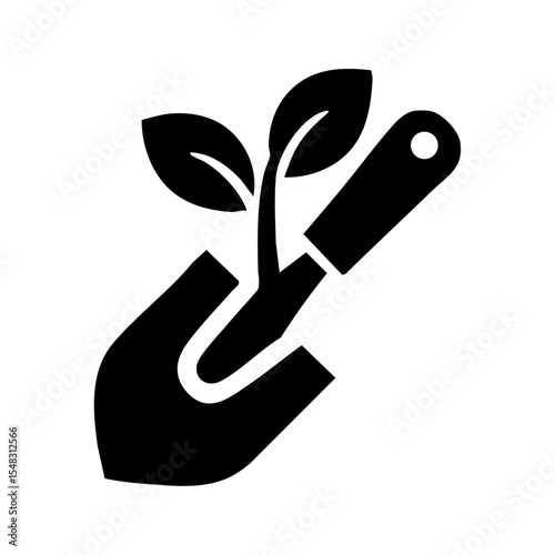 Black vector icon of a hand holding a trowel with a sprouting plant.

