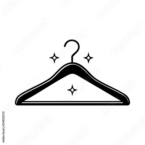 Simple black vector icon of a clothes hanger with sparkle accents.

