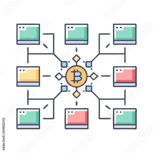Decentralized digital currency blockchain network illustrating Bitcoin cryptocurrency connecting multiple nodes and representing a transaction network
