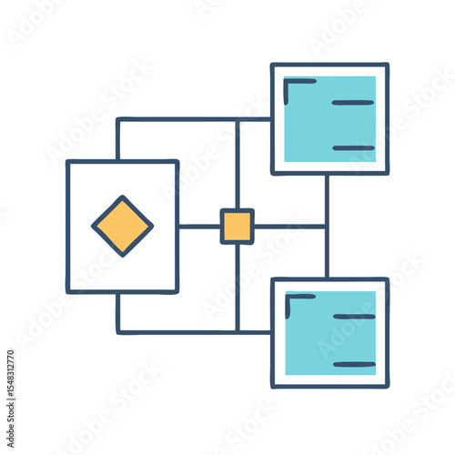 Colorful graphic illustration of a flow chart with central square and nodes