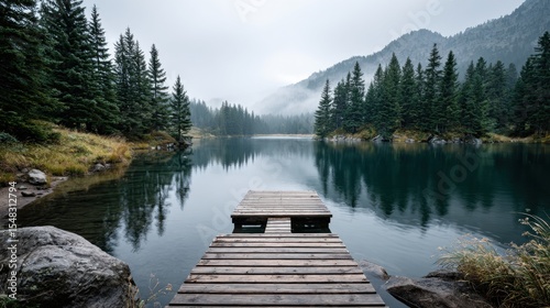 Mist blankets the lake in the early morning as a wooden dock stretches over calm waters. Pine trees line the shore, creating a serene mountain landscape.