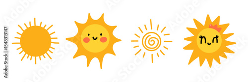 Cute sun collection. Happy cartoon characters. Summer hand drawn sunshine set for childish cards, invitations, posters, stickers. Yellow kids faces icons. Vector illustration