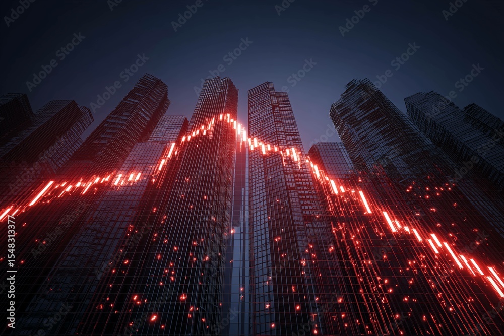 Obraz premium Stock market downturn - red graph going down on night city skyline background