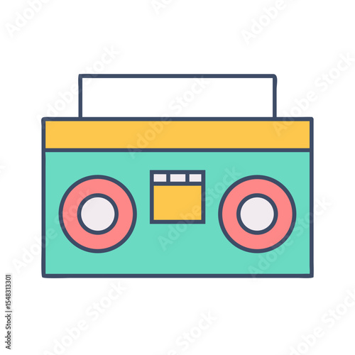 A colorful retro boombox illustration evokes a nostalgic and vintage feeling