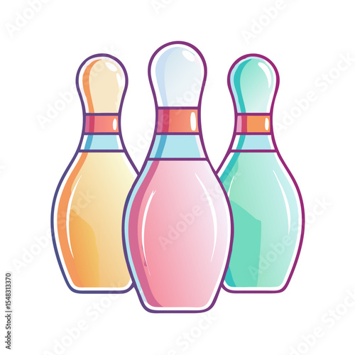Three colorful and stylized bowling pins stand against a white backdrop