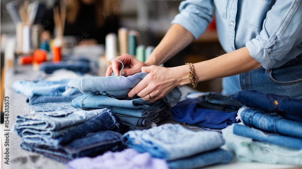 Fototapeta premium Detailed sorting and organizing of denim clothing in a modern workspace during daylight hours