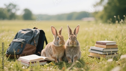 Two adorable bunnies sit in a sunny meadow next to a backpack and books, ready for a day of learning and fun in nature in a peaceful rural scene .