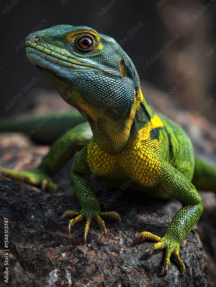 Fototapeta premium A green lizard with yellow markings, sitting on a rock, captured in a close-up view with a focused expression