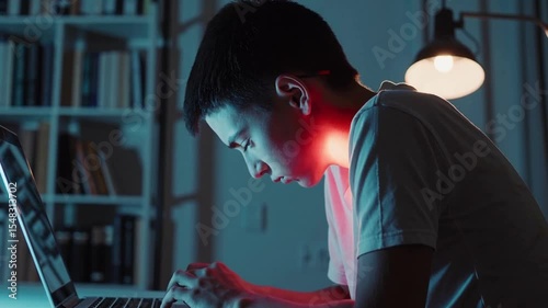 Teenager suffering from neck pain while using laptop at night, concept of poor posture, tech-related health issues and screen fatigue