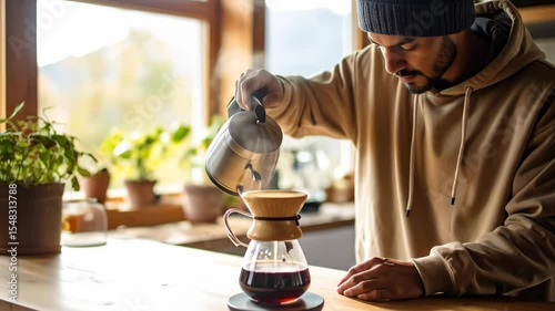 Man in a hoodie carefully pours hot water into a pour over coffee maker Morning light fills the kitchen showing plants and a calming mountain view