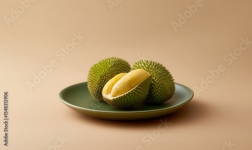 Exquisite Malaysian durian with creamy yellow flesh served on moss-green plate showcases tropical flavors against soft beige backdrop photo