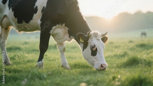 Close-up of a black and white cow grazing in a lush green field at sunset, creating a serene and idyllic pastoral scene with soft, warm lighting and a peaceful atmosphere in countryside .