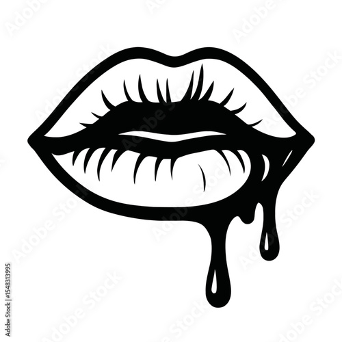 Stylish Melting Lips Black and White Vector Illustration - Fashion and Beauty Icon