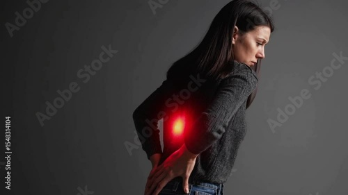 Woman holding lower back in pain, concept of spinal discomfort and posture issues