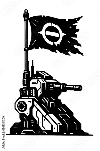 Gritty Black and White Futuristic Tank with Distressed Flag - Concept Art for Sci-Fi Warfare and Dystopian Themes