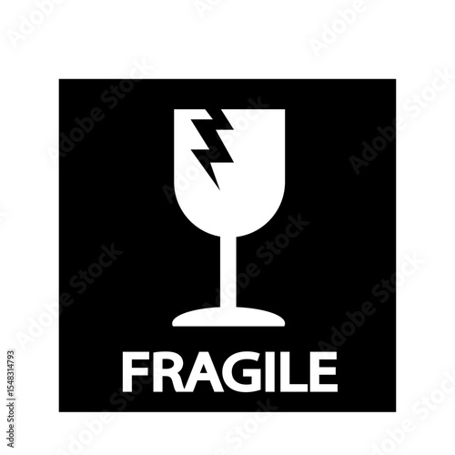 Black and white sticker fragile handle with care, fragile warning label, fragile label with broken glass symbol, vector