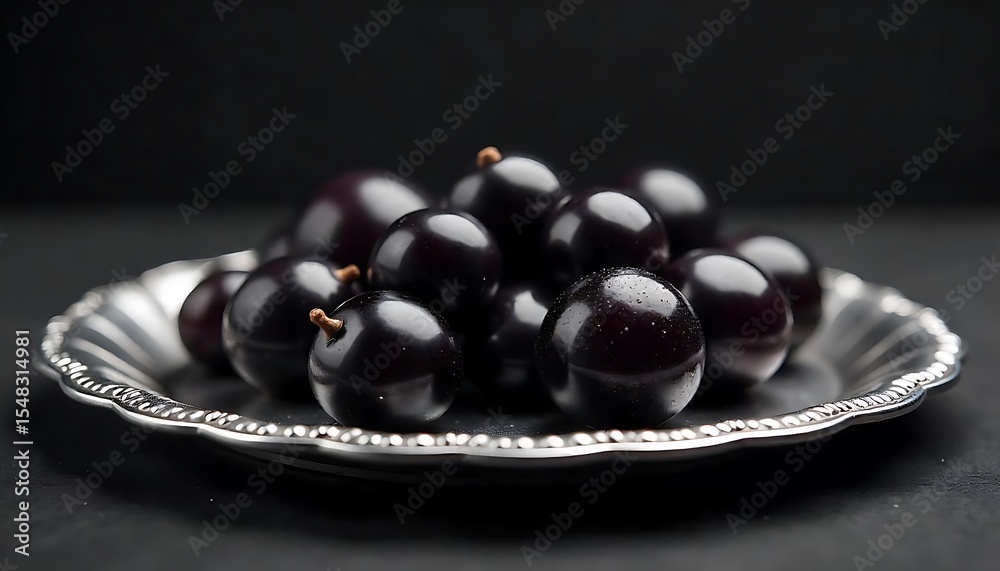 Fototapeta premium Kaala Jamun EleganceSilver Platter DessertDark Sweet DelightKaala Jamun Close-UpLuxury Indian SweetJamun on Silver TrayRich Dessert VisualDark Plated SweetElegant Sweet Display