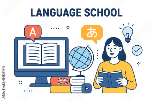 Vector illustration banner representing education, learning, language school, online courses, training, distance education, and e-learning