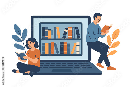The concept of an online library and e-learning is depicted with a man and woman reading books beside a laptop that features a digital bookshelf, all presented in a vector illustration that