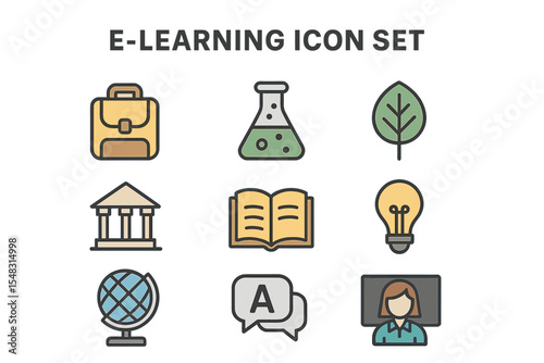 The e-learning icon set includes symbols for school bag, science, biology, university, study, education, knowledge, language, teaching, and more in a solid design