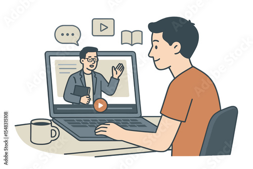The concept of online learning and e-learning is depicted with an individual viewing a video tutorial on their laptop, while a man instructs in a webinar or virtual class, showcasing distance