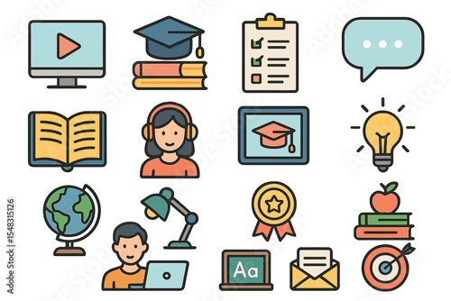 The E-learning Icon Set is a thorough compilation of varied and vibrant icons specifically crafted for utilization on educational websites, applications, and presentations