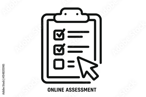 Online assessment icon: clipboard checklist with cursor. For adaptive learning tests, digital quizzes, and e-learning evaluation. Outline style vector