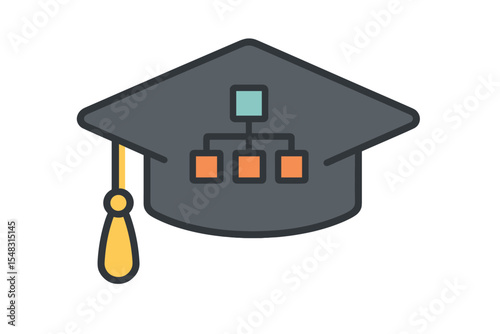 Academic structure and e-learning system design symbolized by a graduation cap with a network hierarchy icon