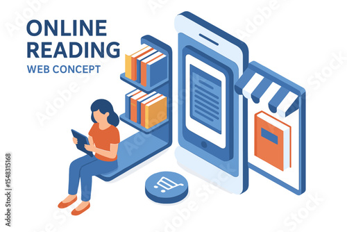 A 3D isometric design represents the concept of online reading, featuring a woman using a mobile app to read an e-book, access a virtual library, and make purchases from an internet bookstore, all
