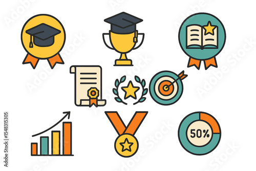 E-learning platforms utilize achievement icons, including education badges and progress symbols, in their systems