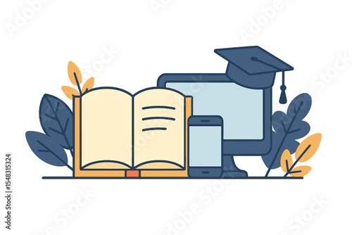 A horizontal banner features a large book, a smartphone, a computer, a graduation cap, and leaves
