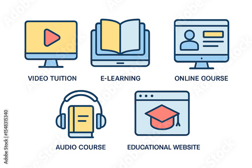 A collection of icons for e-learning and online education, including thin line icons, distance learning tools, video tuition, e-learning platforms, online courses, audio courses, and educational