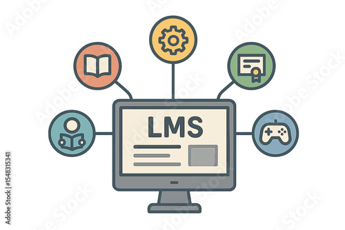 The LMS displayed on the monitor is linked to various icons including a book, settings, certificate, game controller, and a student reading, making it perfect for online learning and education