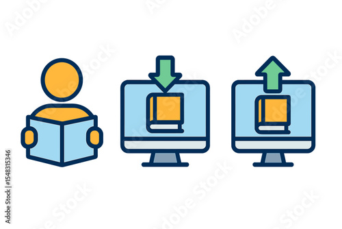 Icon set for online education library includes reading, downloading, and uploading