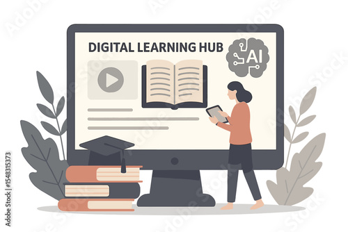 Concept of a digital learning hub and a modern online study platform represented by a tiny person, utilizing technology for academic knowledge and teaching through vector illustration, incorporating