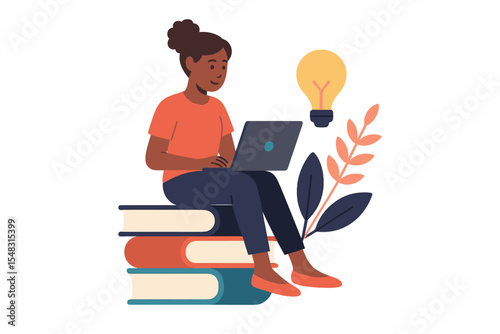 Education for minority women - A Black female figure seated on books with a computer, engaged in studying and learning, depicted in flat design vector illustration on a white background