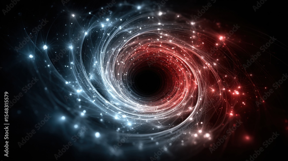 Obraz premium A swirling cosmic phenomenon showcases a black hole surrounded by vibrant red and blue gases. Stars twinkle as they dance around this captivating central void in the universe.