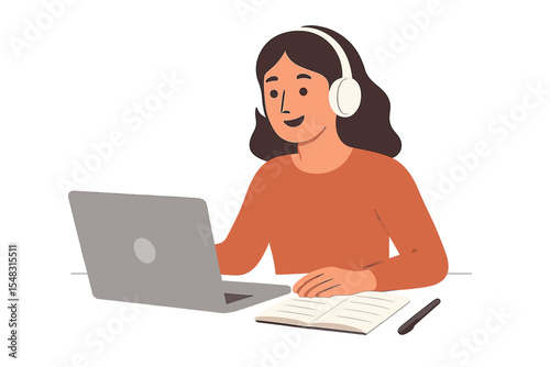 A woman wearing headphones studies on her laptop, appearing as a happy female student while watching a business webinar through a video conference call for remote work communication, depicted in a