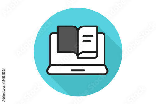 An isolated online book icon with a long shadow on the background represents internet education and e-learning resources for distant online courses in a vector format