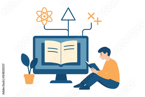 Online learning and education involve a flat vector illustration design that incorporates technology, with students researching and reading books on computer screens featuring abstract tree icons