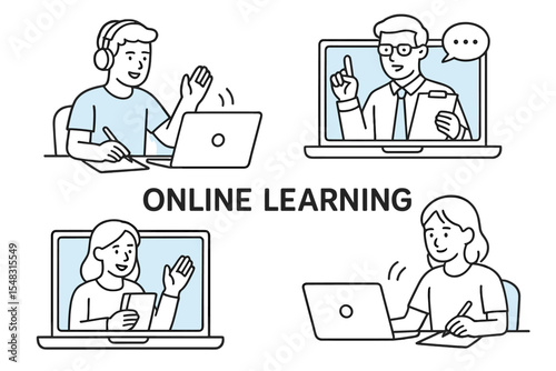 Vector set outlining online learning with students and teachers participating in virtual classes