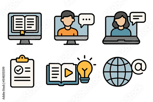 Icons symbolizing different facets of digital learning and e-learning platforms, encompassing topics of education and engagement