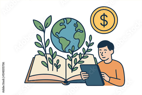An open book featuring Earth and plants represents worldwide learning, as a user reads on a tablet, illustrating e-learning, with a dollar coin emphasizing payment, suitable for education