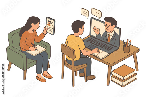 Students are engaging in online learning from the comfort of their own homes, utilizing laptops and smartphones to participate in video calls with their teacher and access educational materials